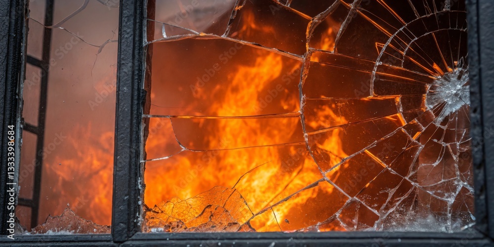 Fire raging through a broken window in an abandoned building during the evening hours