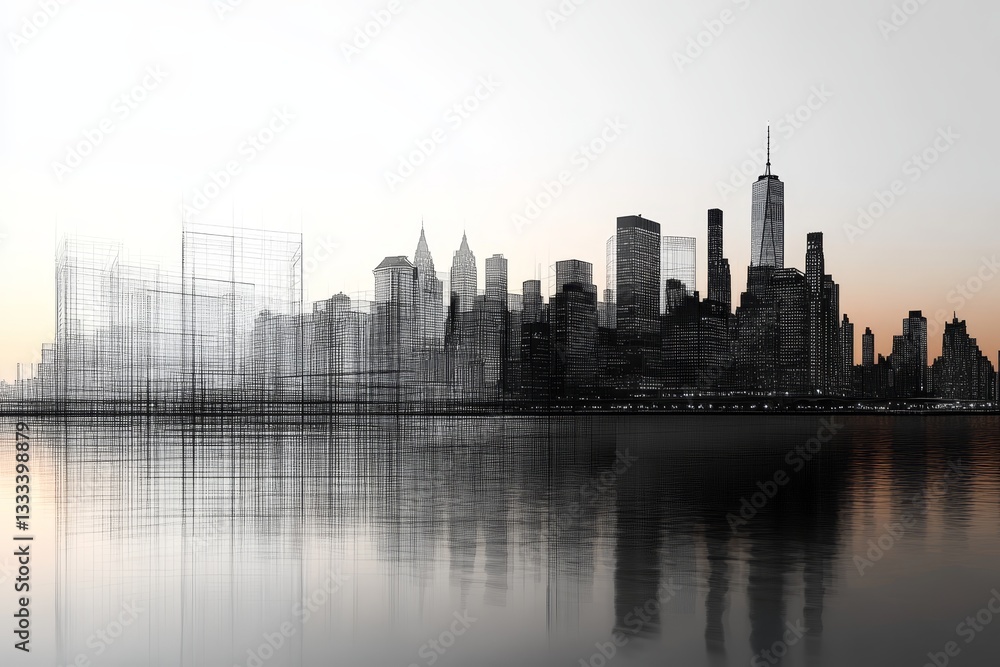 Fototapeta premium A stunning transition from architectural wireframe to a lively nyc cityscape at dusk