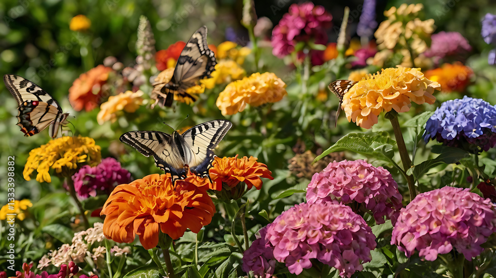 A colorful flower bed in a well-maintained garden, with butterflies and bees buzzing around.

