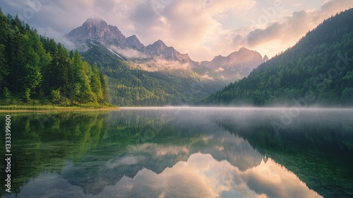 Serene Morning View of Fusine Lake in the Julian Alps, Italy
