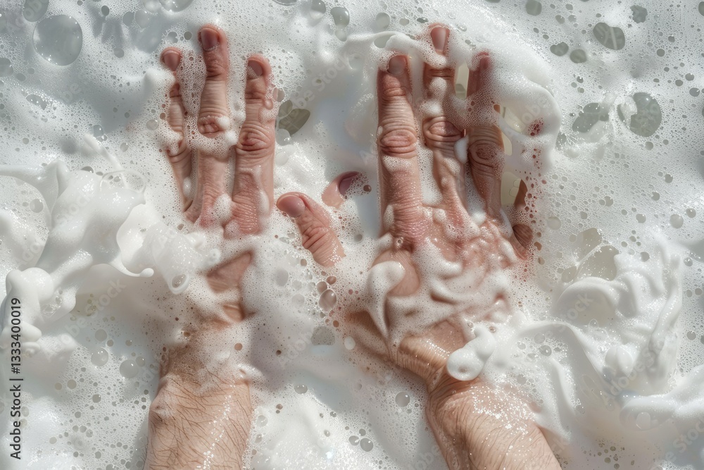 Detailed Color Picture of Top View of Hands with Foam From Soap Detailed Color Picture of Top View of Hands with Foam From Soap