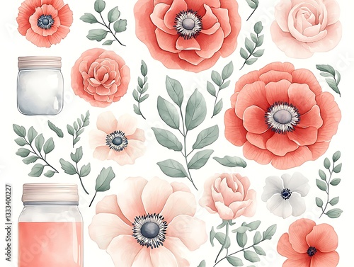 Floral Jars for Peach Blooms, White Background.