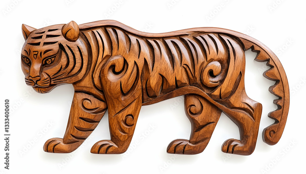 Fototapeta premium Intricately carved wooden tiger sculpture showcasing craftsmanship, set against a plain background