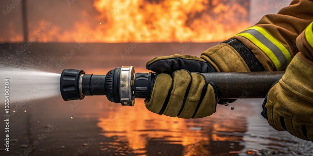 Firefighter using a hose to extinguish flames during a training exercise in an urban environment