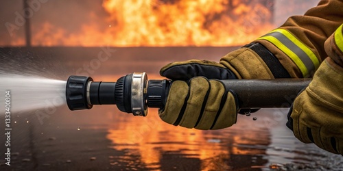 Obraz na płótnie Firefighter using a hose to extinguish flames during a training exercise in an urban environment w salonie
