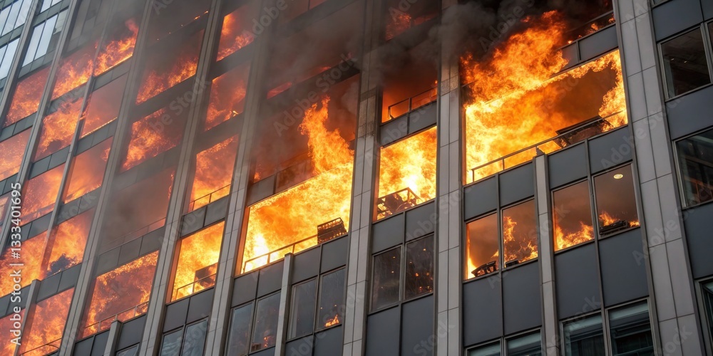 Flames engulf a high-rise building during a fierce urban fire in an afternoon blaze