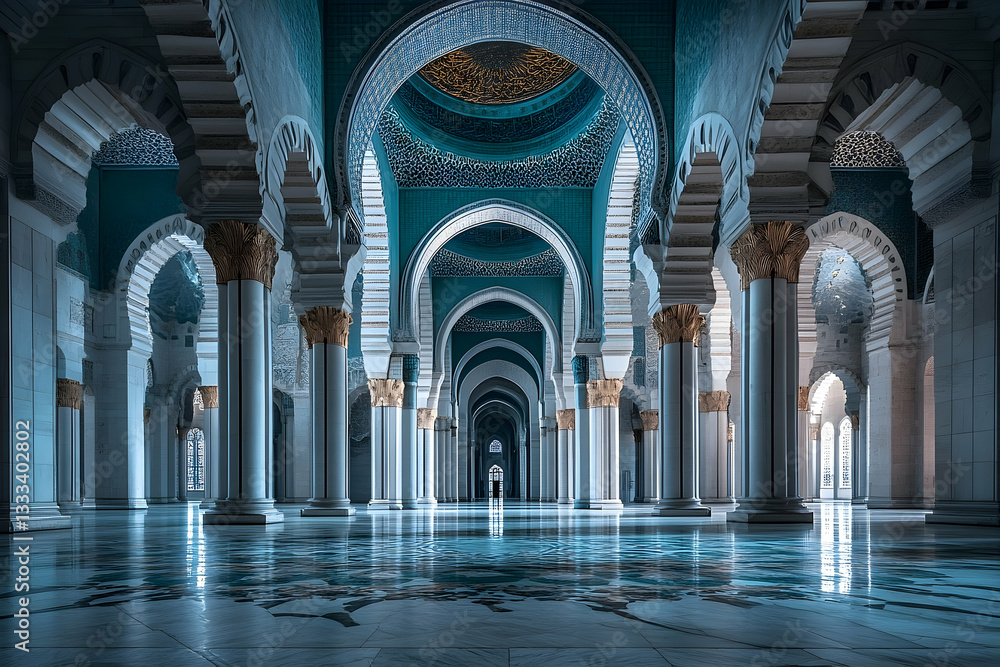 Fototapeta premium Majestic interior of a grand mosque showcasing intricate arches, columns, and serene lighting