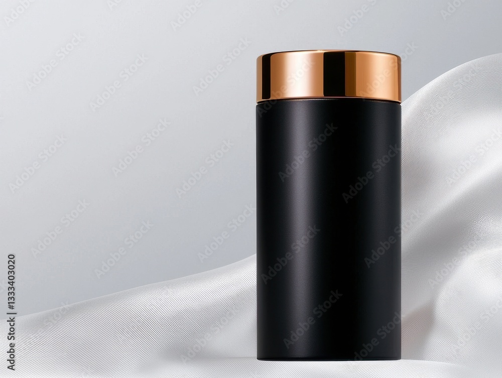 Elegant black container with a shiny gold cap, set against a soft white backdrop. Elegant black container with a shiny gold cap, set against a soft white backdrop.