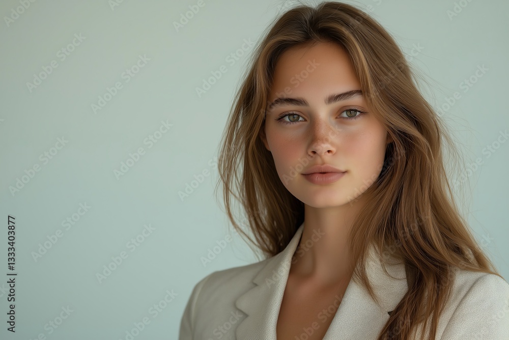 Beautiful Young Woman Portrait Natural Makeup Long Brown Hair Elegant Beige Blazer Studio Shot Professional Model Attractive Female Face Soft Light Beautiful Young Woman Portrait Natural Makeup Long Brown Hair Elegant Beige Blazer Studio Shot Professional Model Attractive Female Face Soft Light