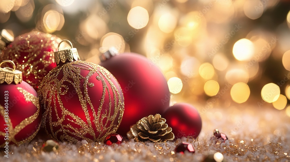 Fototapeta premium Elegant Red and Gold Holiday Ornaments on a Festive Background
