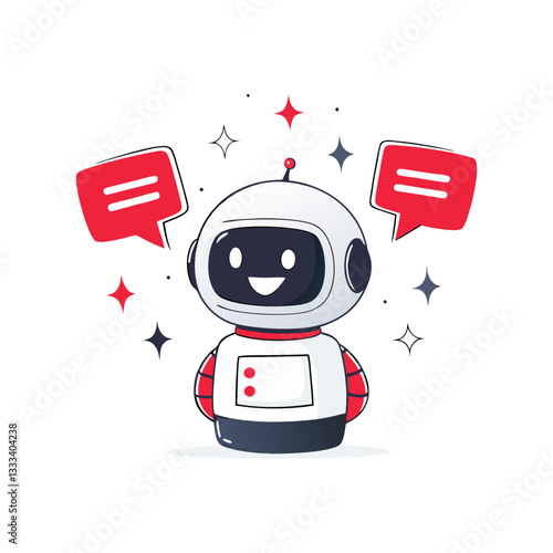 Cute chatbot robot with speech bubbles in a modern vector style. Friendly AI assistant concept for customer support and automation.