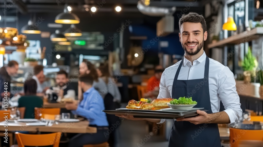 Fototapeta premium Smiling waiter serves delicious dishes in a modern restaurant setting