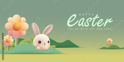 Happy Easter Day Design with Cute Bunny Vector Illustration. Egg Hunt Party Concept. Suitable for Poster Banner Flyer and Brochure Template