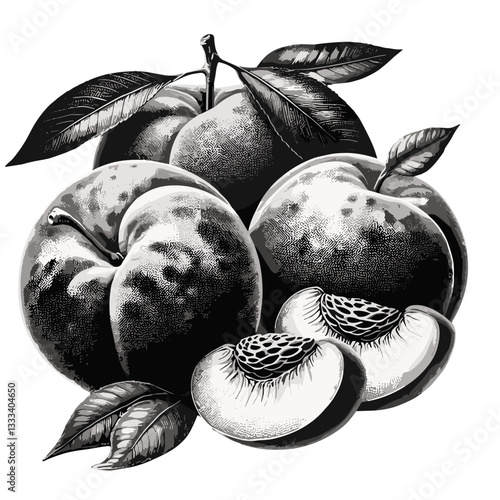 Detailed illustration of fresh peaches with leaves and a sliced piece on a plain background