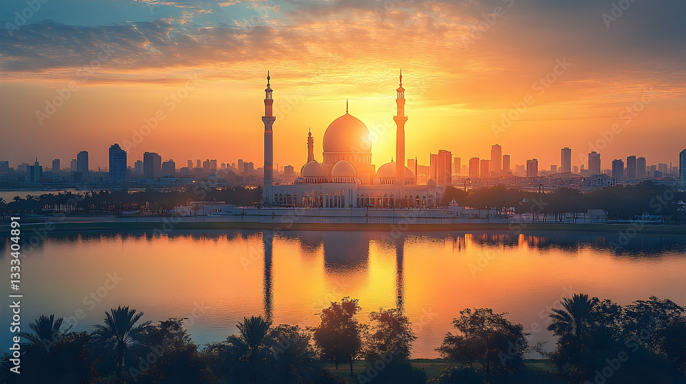 Majestic sunset over a serene lake with a grand mosque silhouette, reflecting city skyline Majestic sunset over a serene lake with a grand mosque silhouette, reflecting city skyline