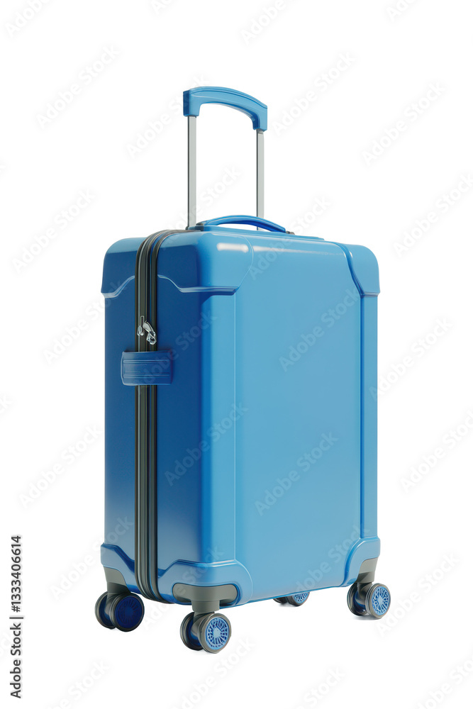 Blue plastic suitcase with wheels and handle on a white background Blue plastic suitcase with wheels and handle on a white background