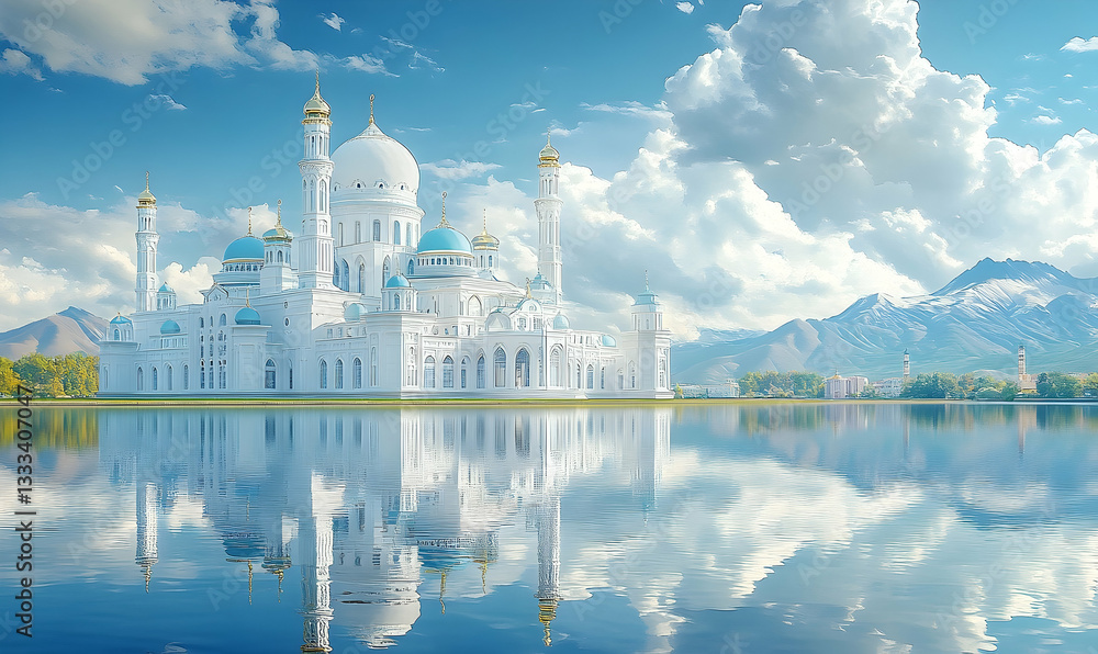 Naklejka premium Majestic white mosque reflecting in serene waters, surrounded by mountains and fluffy clouds