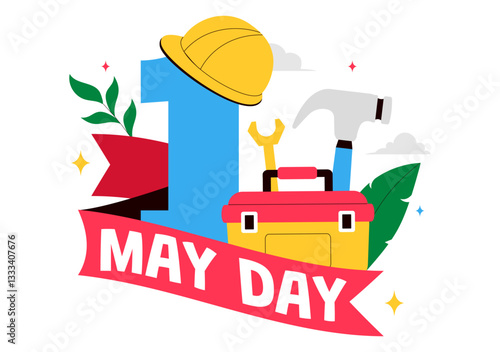 Happy May Day Vector Illustration on May 1st Featuring Various Construction Workers from Different Professions with a Thank You Message to All Workers