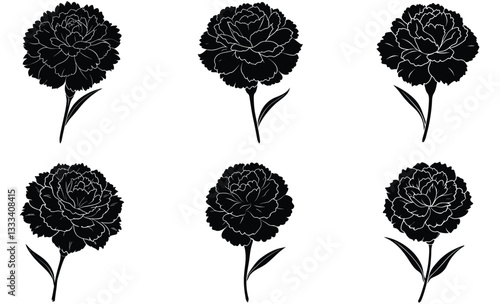 Elegant black carnation flowers in a clean silhouette design, ideal for floral-themed illustrations, greeting cards, or decorative patterns