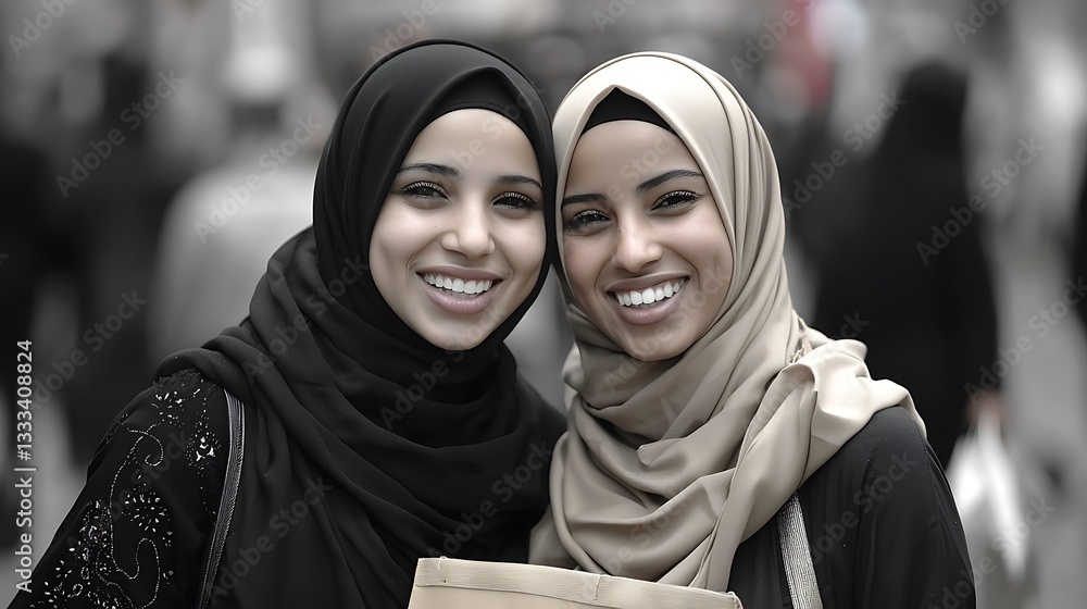 Women Smiling, Public Place, Urban Background Women Smiling, Public Place, Urban Background