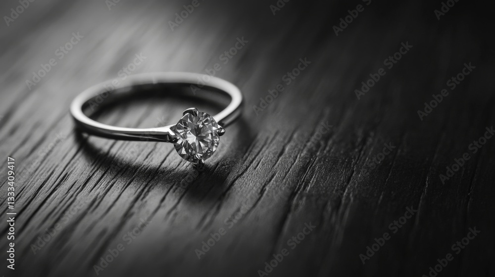 Solitary Diamond Ring Rests On Dark Wood Solitary Diamond Ring Rests On Dark Wood