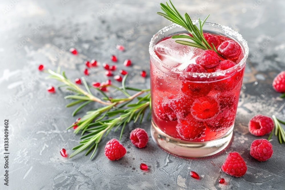 Clear Pixel Image of Fresh Homemade Mocktail with Red Fruits and Rosemary Clear Pixel Image of Fresh Homemade Mocktail with Red Fruits and Rosemary