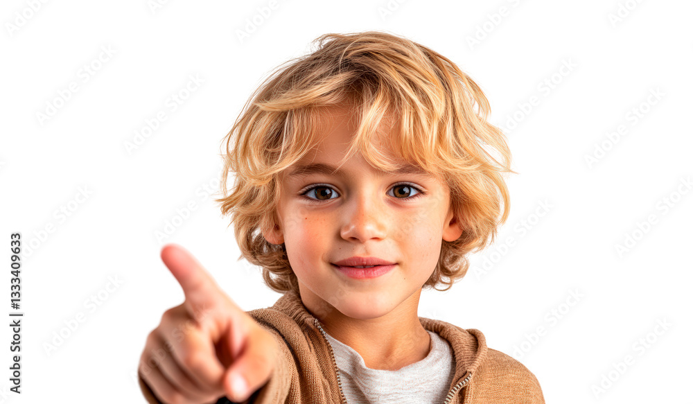 Young child with curly hair playfully pointing at the camera Young child with curly hair playfully pointing at the camera