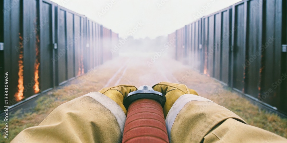 Firefighter preparing to extinguish flames in storage containers during a training exercise