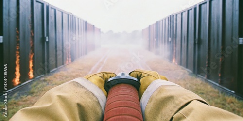 Obraz na płótnie Firefighter preparing to extinguish flames in storage containers during a training exercise w salonie