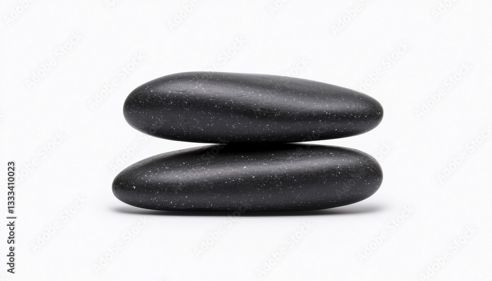 Two smooth black stones stacked harmoniously on a clean white surface. Two smooth black stones stacked harmoniously on a clean white surface.