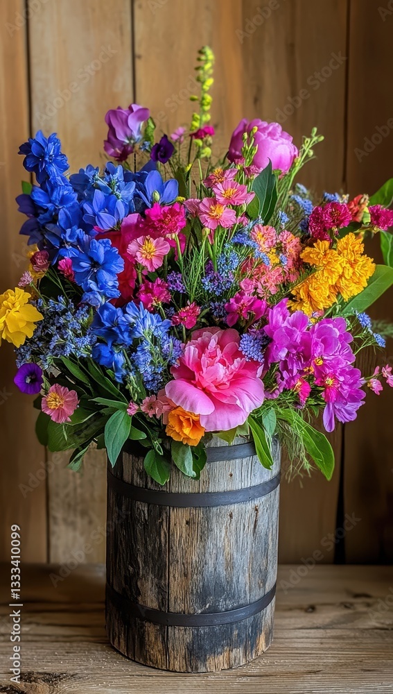 Fototapeta premium Vibrant Floral Arrangement in Rustic Wooden Barrel with Colorful Blooms and Green Foliage Against Natural Wood Background
