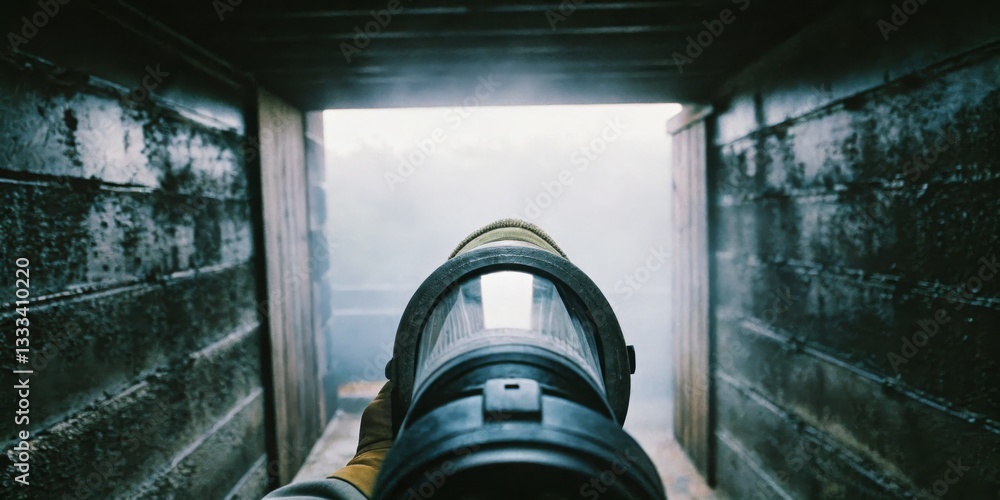 Looking through a tactical rifle scope in a dimly lit environment during a training exercise