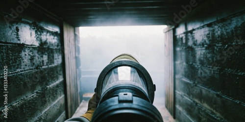 Obraz na płótnie Looking through a tactical rifle scope in a dimly lit environment during a training exercise w salonie