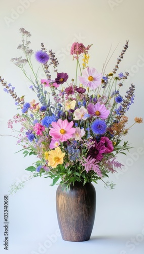 Wallpaper Mural Vibrant Fresh Flower Arrangement in Rustic Vase Emphasizing Natural Beauty and Colorful Blossoms Against a Light Background Torontodigital.ca