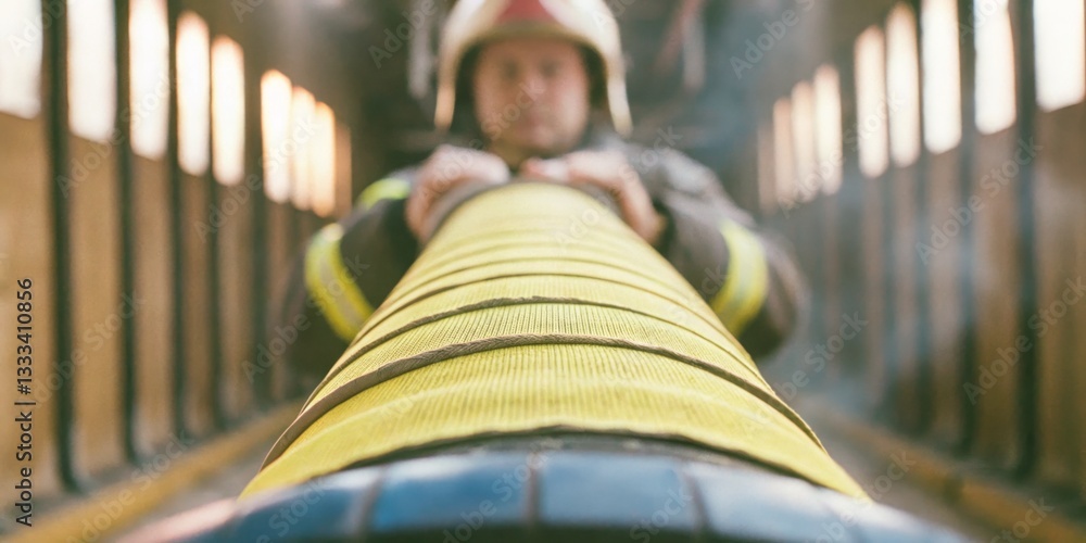 Firefighter preparing a hose inside a fire station during training exercises in daylight hours