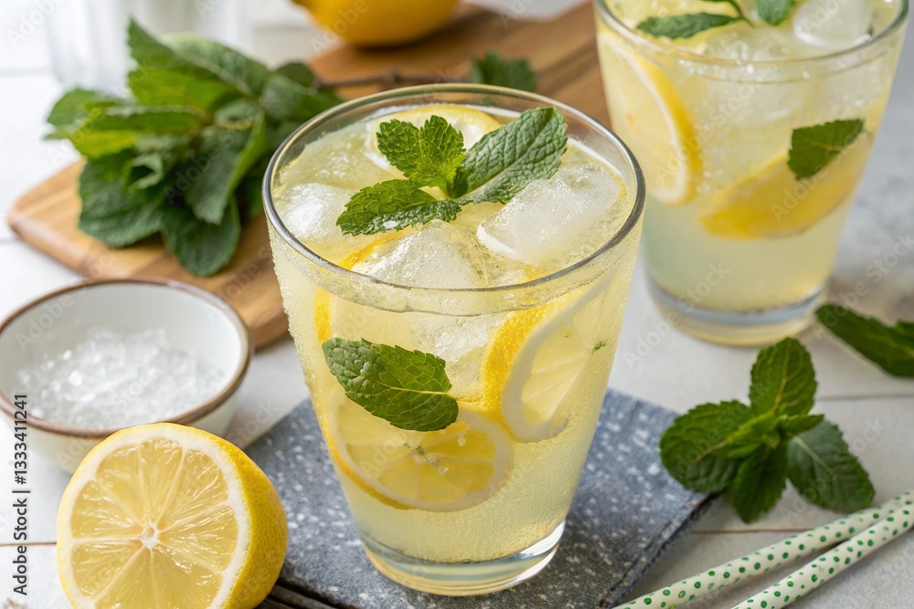 Refreshing Homemade Lemonade, A Vibrant Summer Drink With Ice, Lemon Slices, And Fresh Mint, Capturing The Essence Of A Sunny Day Refreshing Homemade Lemonade, A Vibrant Summer Drink With Ice, Lemon Slices, And Fresh Mint, Capturing The Essence Of A Sunny Day