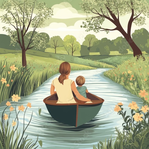 Wallpaper Mural Mother and Child Rowing Boat on River Through Peaceful Countryside Torontodigital.ca