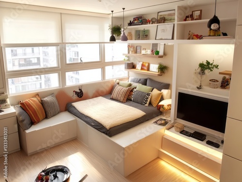 A modern and stylishly designed small apartment bedroom space