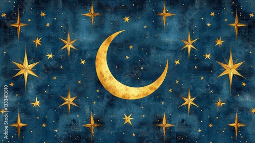 Wallpaper Mural Golden Crescent Moon and Stars Against Deep Blue Background for Dreamy Night Sky Illustration Torontodigital.ca