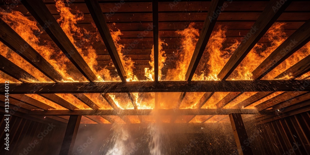 Intense flames engulf wooden beams in a structure during a fierce fire emergency response effort