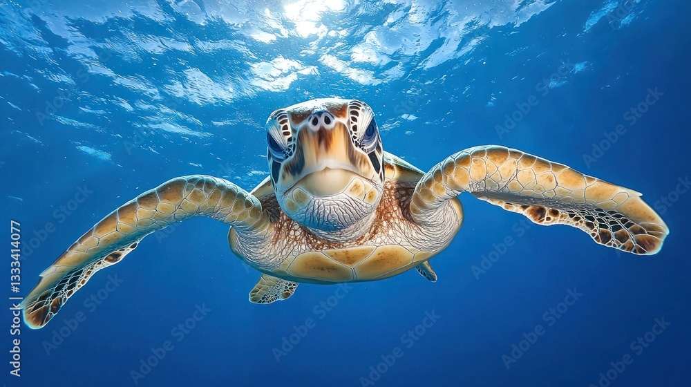 Obraz premium Majestic Green Sea Turtle Underwater Encounter: A Breathtaking Close-Up