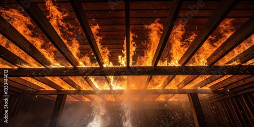 Obraz na płótnie Intense flames engulf wooden beams in a structure during a fierce fire emergency response effort w salonie