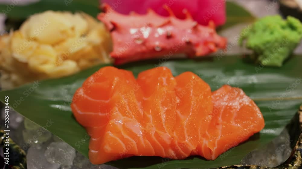 Close up of tuna and salmon sashimi on banana leaves on ice Close up of tuna and salmon sashimi on banana leaves on ice