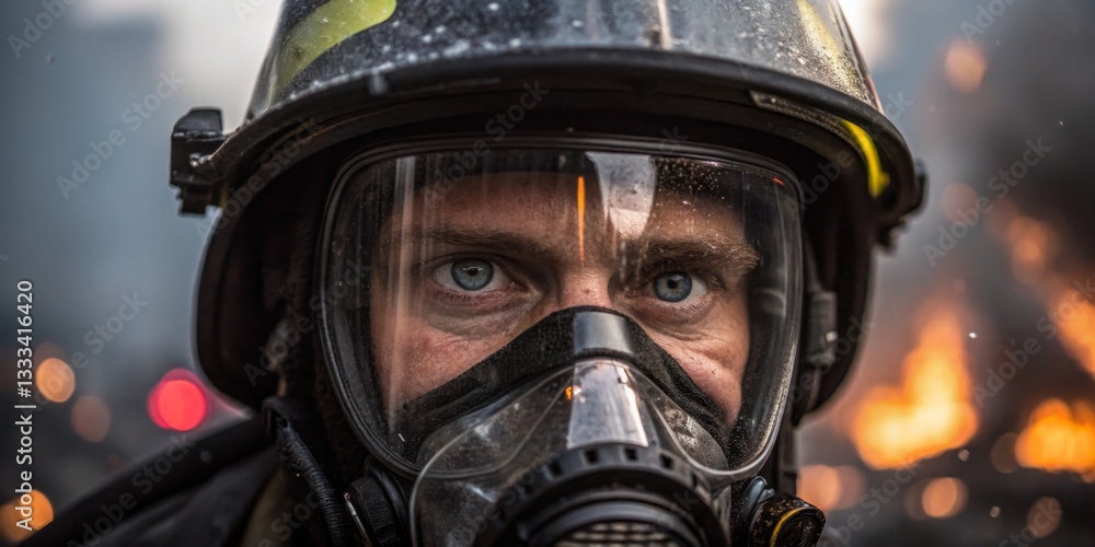 Intense gaze of a firefighter wearing protective gear during a blaze at dusk in an urban area