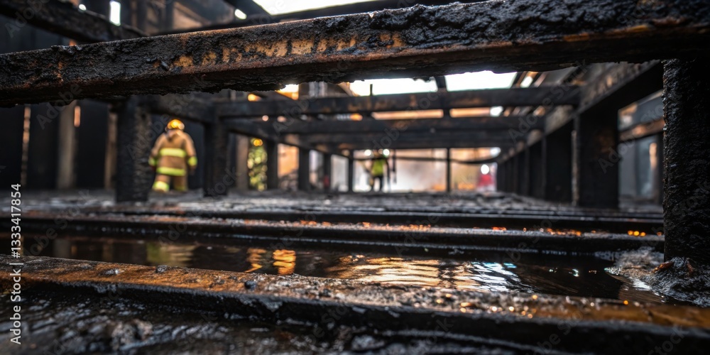Firefighters navigate a burned structure in the aftermath of a significant fire event at a commercial building site