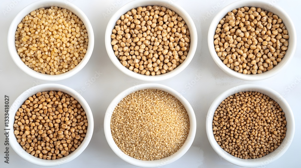 Six Bowls of Various Grains and Seeds Top View Six Bowls of Various Grains and Seeds Top View