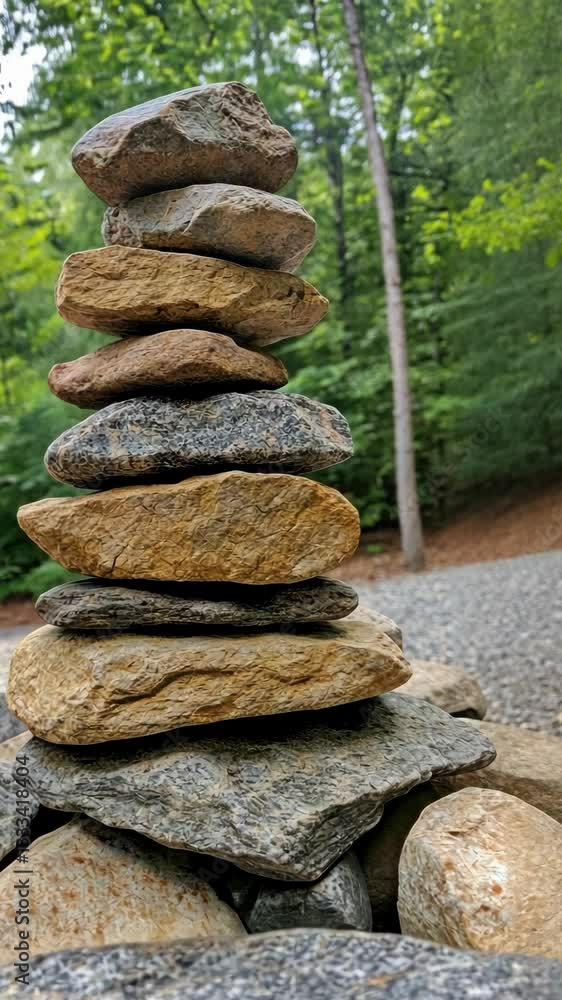 Stacked rocks creating a balanced sculpture in a tranquil forest setting near a gravel path Stacked rocks creating a balanced sculpture in a tranquil forest setting near a gravel path