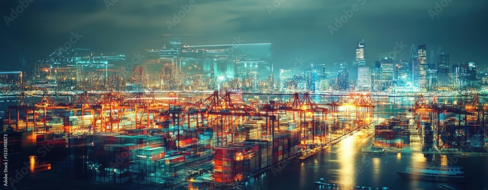 Double Exposure Effect About Transportation and Logistics. Night View of City Harbor with Colorful Container Port Lights Double Exposure Effect About Transportation and Logistics. Night View of City Harbor with Colorful Container Port Lights