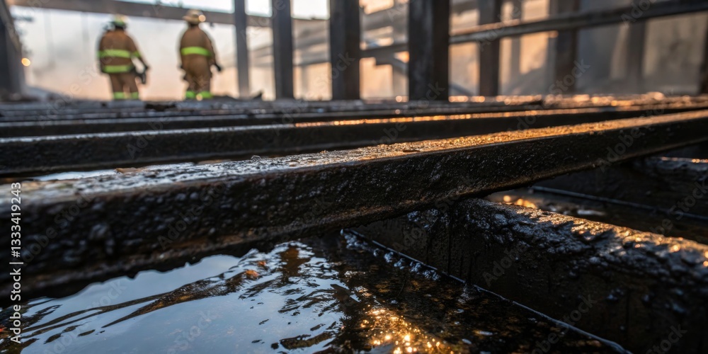 Emergency responders assess damage at a fire scene with charred wooden beams and water pooling on the ground in the early morning light