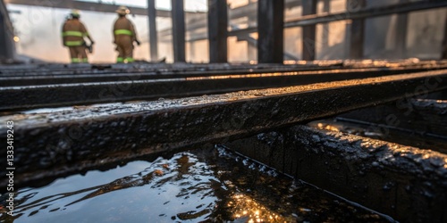 Obraz na płótnie Emergency responders assess damage at a fire scene with charred wooden beams and water pooling on the ground in the early morning light w salonie